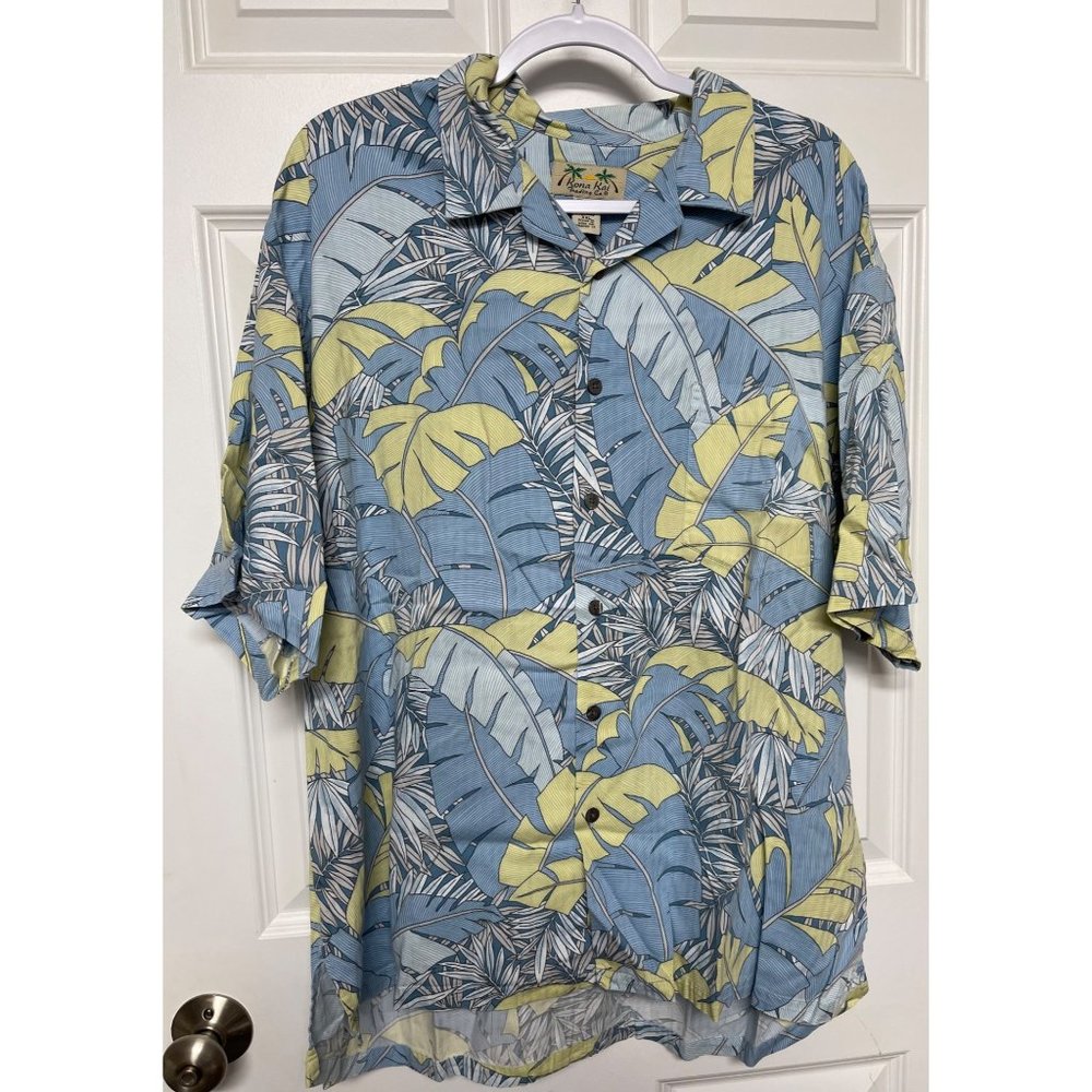 Men's 2X Kona Kai Hawaiian Shirt Blue with Tropical Leaves